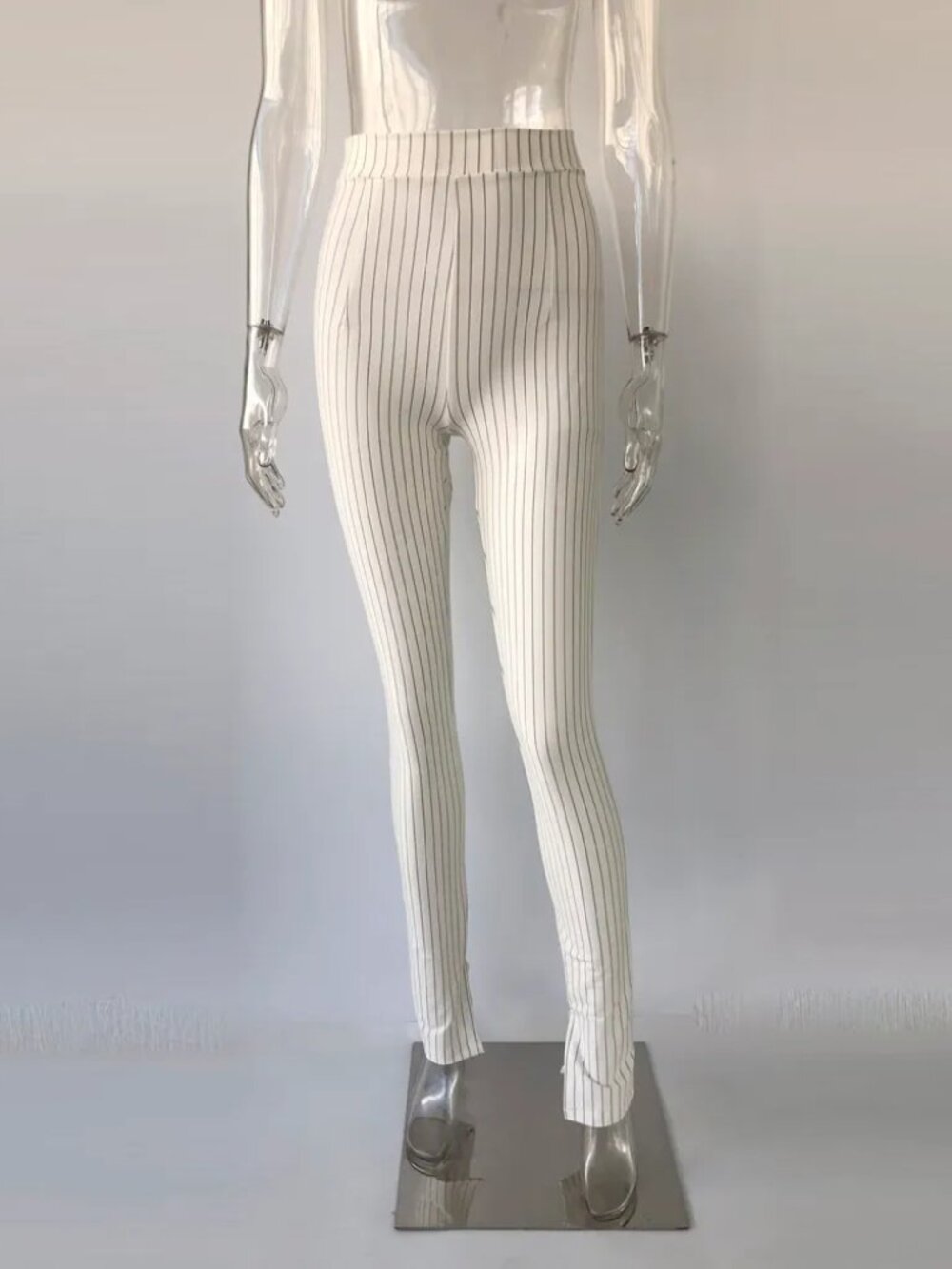 White Pinstripe Split Hem Skinny Pant